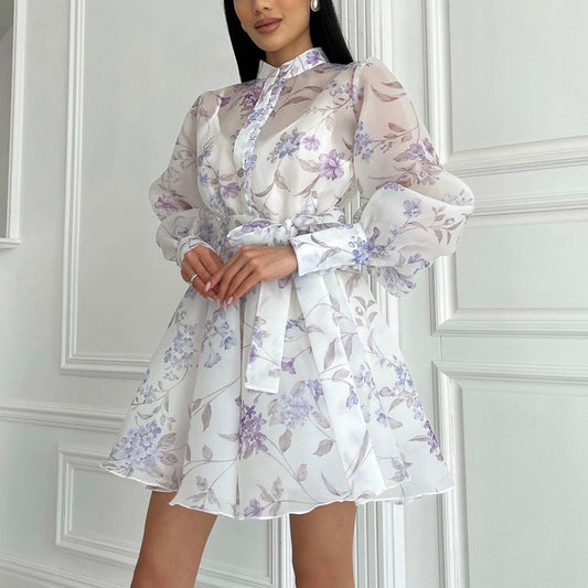 Stand-collar Long-sleeve Tie-front Printed Dress