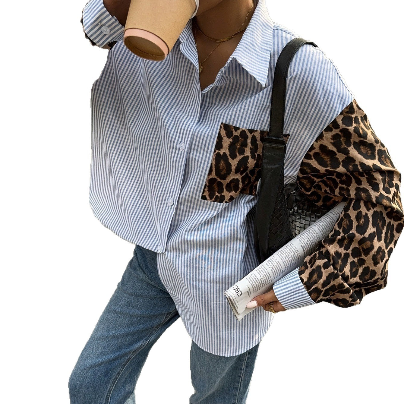 New Relaxed-fit Patchwork Leopard-print Shirt Top