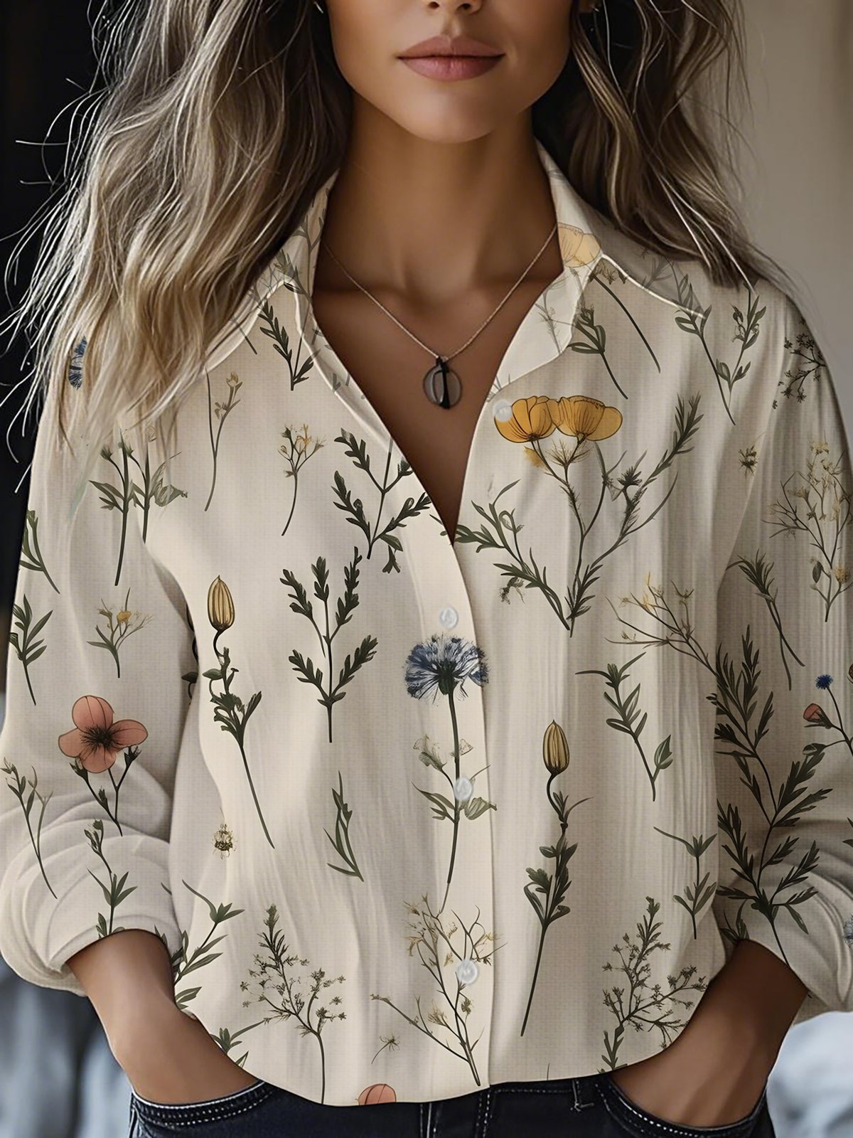 Floral-print Long-sleeve Shirt Delicate Linen Casual Blouse
