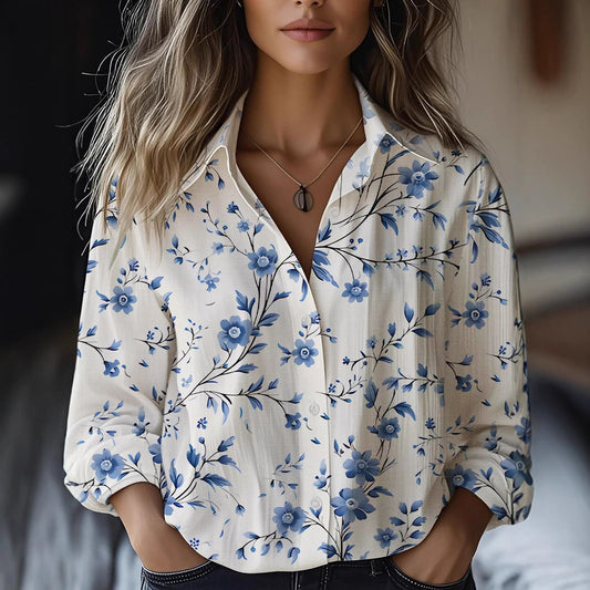 Floral-print Long-sleeve Shirt Delicate Linen Casual Blouse