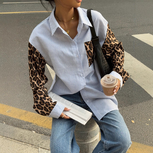 New Relaxed-fit Patchwork Leopard-print Shirt Top