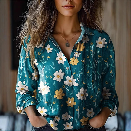 Floral-print Long-sleeve Shirt Delicate Linen Casual Blouse